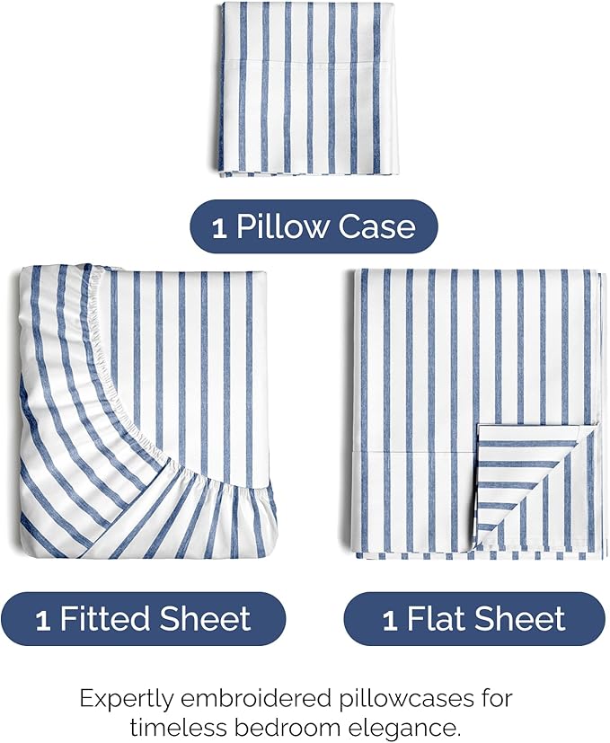 Twin Size 3 Piece Sheet Set - Comfy Breathable & Cooling Bed Sheets Set - Hotel Luxury Bedding for Women, Men, Kids, Teens, Boys & Girls - Deep Pockets, Soft, Wrinkle Free - Oeko-Tex - Blue Stripes 2
