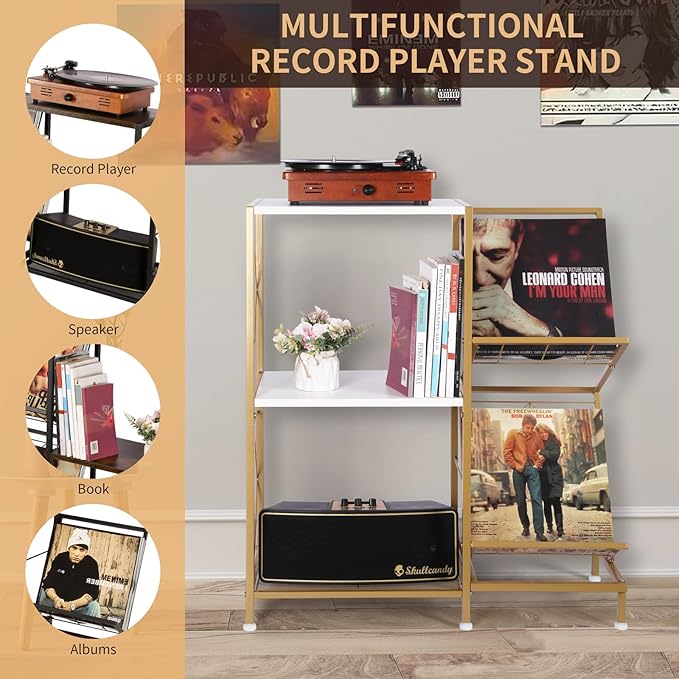 Record Player Stand with Vinyl Record Storage, Turntable Stand with 2-Tier Vinyl Display Shelf & Metal Frame, Vinyl Holder for Living Room, Gold & White