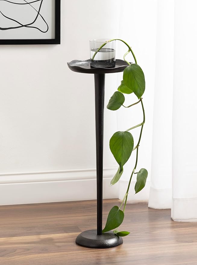 Kate and Laurel Alessia Modern Decorative Metal Drink Table; 8 x 8 x 22; Black; Round Cast Aluminum Pedestal Plant Stand with Rough Texture and Deckled Edge
