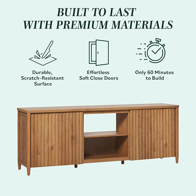 Walker Edison Flynn Scandinavian Reeded TV Stand with Open Storage for up to 80" TV, English Oak