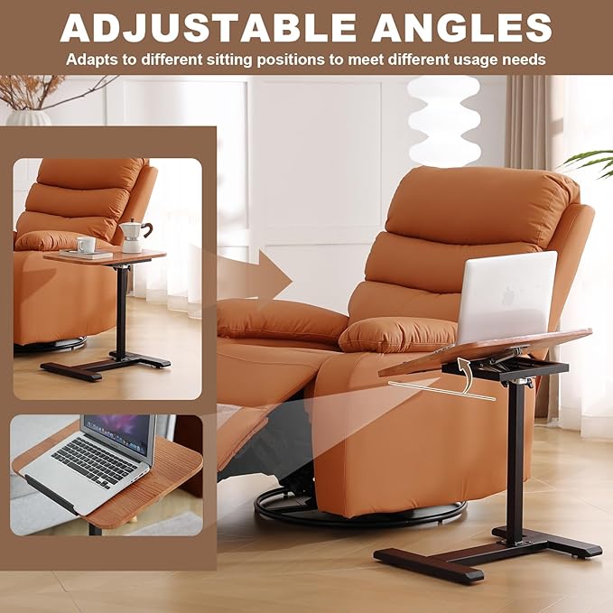 Solid Wood C-Shaped Side Table,360° Rotating TV Tray Table,Height-Adjustable,Sliding Sofa Table,Rolling Laptop Desk for Living Room and Bedroom Use with Sofa,Bed,Chair-Light Brown