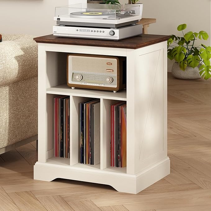 Farmhouse Record Player Stand, 3 Tier End Table, Turntable Stand with Vinyl Record Storage, Wood Record Holder Cabinet Dispaly Shelf for Living Room,Bedroom,Office,Antique White