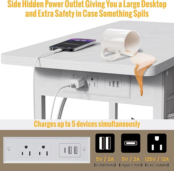Small Side Table with Charging Station, Narrow Nightstand Bedside Tables with Storage Pocket for Living Room Bedroom, Sofa End Table with USB Ports and Power Outlets for Small Spaces