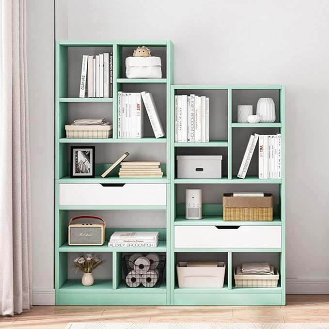 IOTXY Wooden Open Shelf Bookcase - 61 Inches Height Freestanding Display Storage Cabinet Organizer with 8 Cubes and a Drawer, Floor Standing Bookshelf in Tiffany-Green