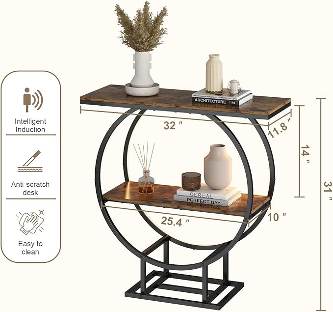 Console Tables, Entryway Table with Motion Sensor Light, 30" Height Behind Couch Sofa Table, Industrial Furniture, Hallway Table for Living Room, Entrance, O-Shaped Metal Frame, Rustic Brown