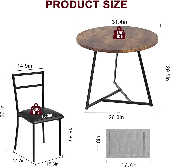 CABIHOME Dining Table Set for 2, Kitchen Table Set for 2, Kitchen Table Set with 2 Upholstered Chairs, Round Dining Table Set for Small Space, Apartment, Retro Brown