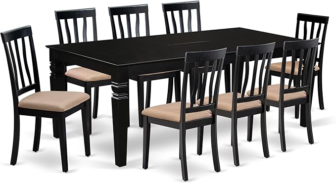 East West Furniture LGAN9-BLK-C 9 Piece Dining Room Table Set Includes a Rectangle Kitchen Table with Butterfly Leaf and 8 Linen Fabric Upholstered Dining Chairs, 42x84 Inch, Black