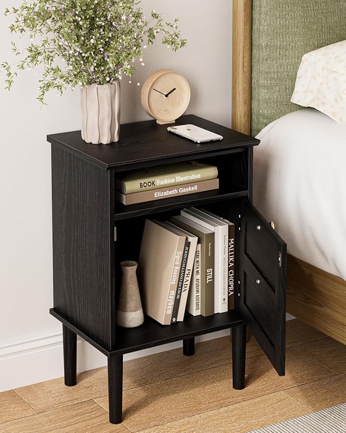 Nightstand, Boho Night Stand with 1 Drawers, Modern Side Accent Table with Open Shelf, Wooden Top Bedside End Table for Bedroom, Living Room, Black