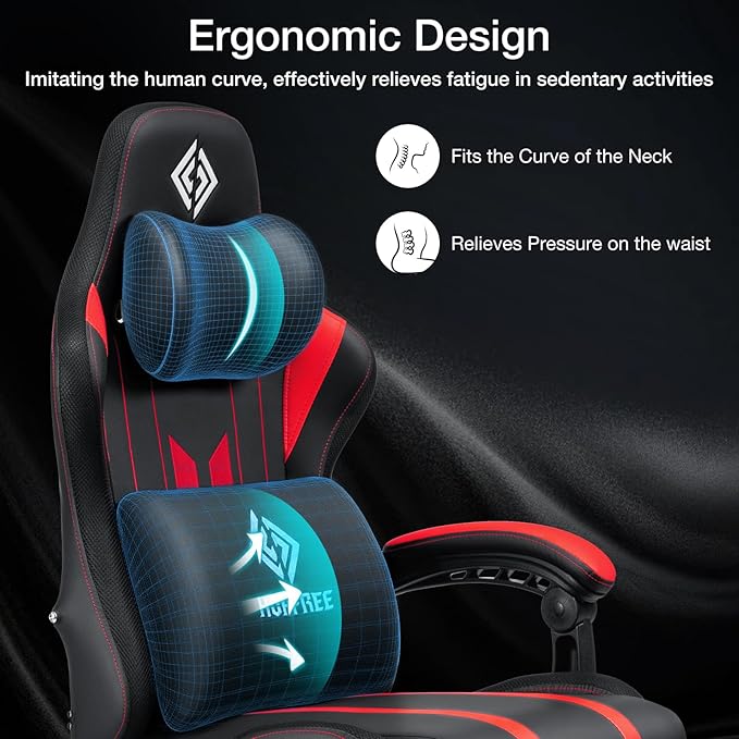 HOFFREE Gaming Chair with Music Rhythm RGB LED Lights and Bluetooth Speakers Ergonomic Massage Computer Gaming Chair with Footrest Video Game Chair High Back with Lumbar Support Red and Black