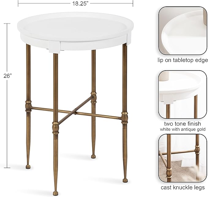 Kate and Laurel Valdi Modern Round Side Table; 19 x 26; White and Antique Gold; Glam Circle End Table with Geometric Metal Base and Raised Edge Tabletop