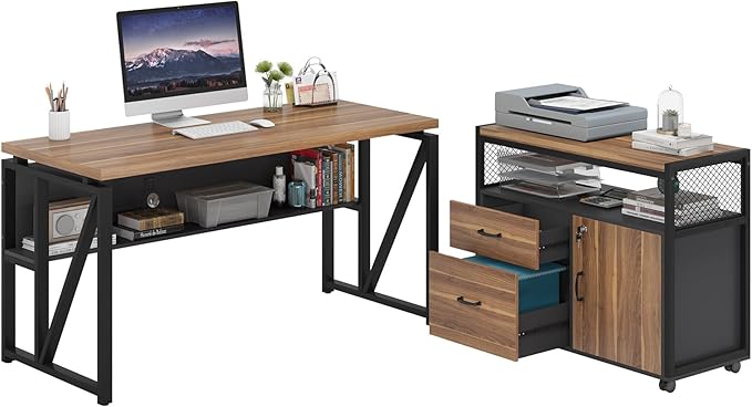Tribesigns 55-inch L Shaped Desk with Drawer Cabinet, Executive Computer Desk and lateral File Cabinet, 2 Piece Home Office Furniture with Drawers for Hanging File, Doors with Locks (Brown, 55 inches)