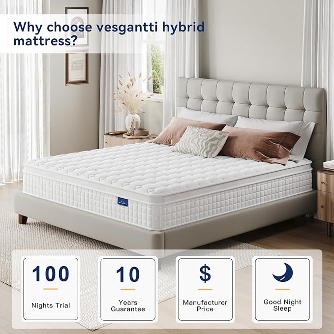 Vesgantti 10 Inch Multilayer Hybrid Twin Mattress - Multiple Sizes & Styles Available, Ergonomic Design with Memory Foam and Pocket Spring, Medium Firm Feel, White