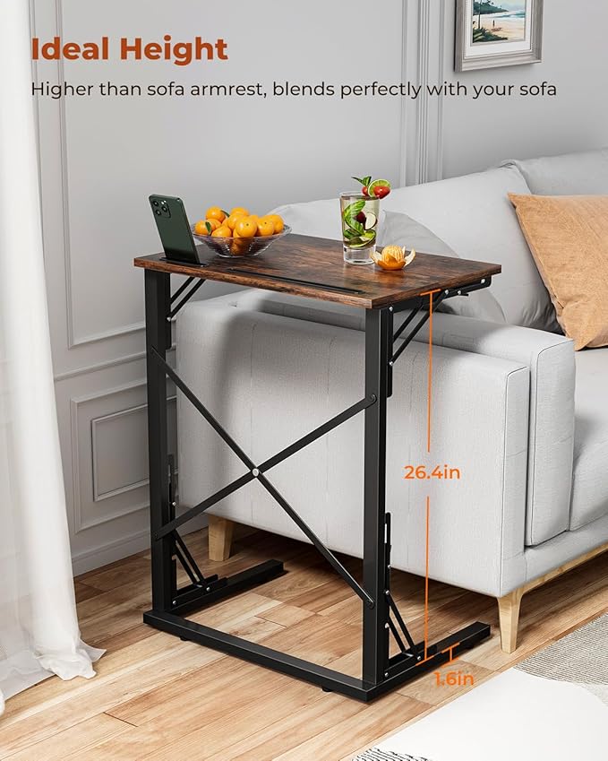 21''Wx28''H Folding TV Tray for Eating, Small Foldable C-Shaped Tray Table with Tablet and Phone Slots, Slide Under Couch Side Table for Recliner, Living Room, Bedroom, Rustic Brown