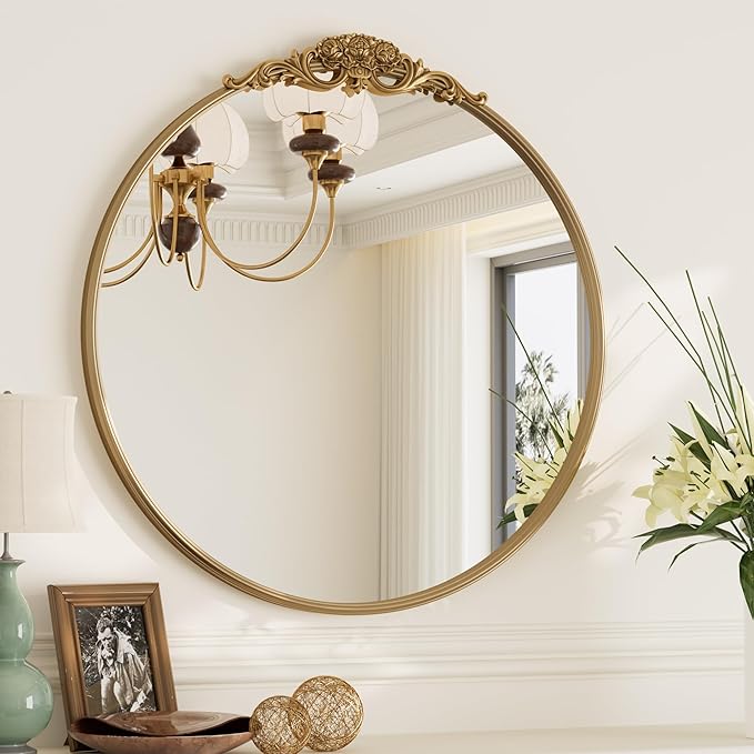 TokeShimi 24x24 Vintage Round Mirror with Metal Frame,Antique Round Gold Mirror for Wall,Bedroom,Fireplace,Baroque Vanity Mirror Wall-Mounted French Cleat Mounting