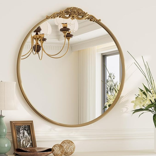 TokeShimi 24x24 Vintage Round Mirror with Metal Frame,Antique Round Gold Mirror for Wall,Bedroom,Fireplace,Baroque Vanity Mirror Wall-Mounted French Cleat Mounting