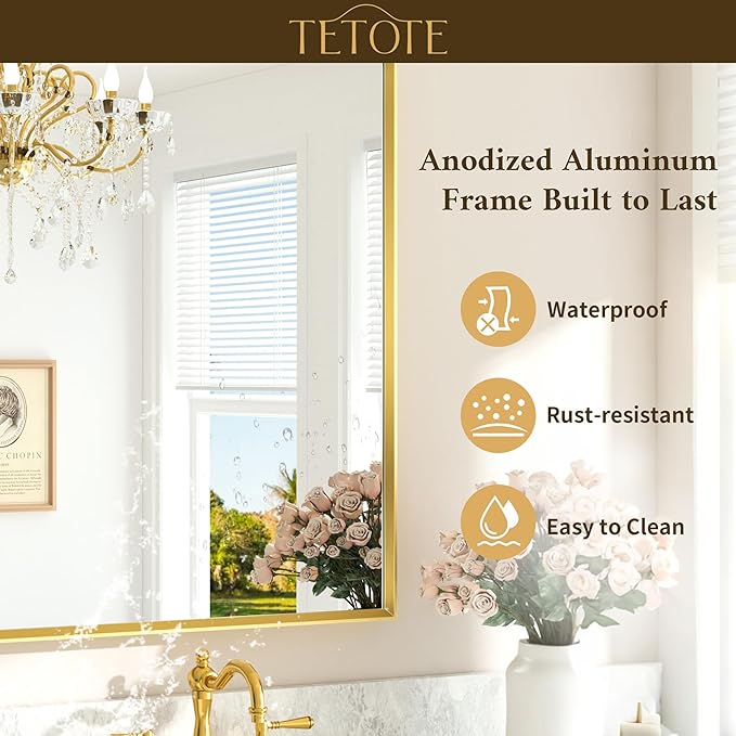 TETOTE Brushed Gold Frame Mirror for Bathroom Wall 48" x 30" Brushed Brass Beveled Rectangle Bathroom Vanity Mirror for Over Sink, Bedroom, Entryway, Living Room, Tempered Glass, Stronger Frame