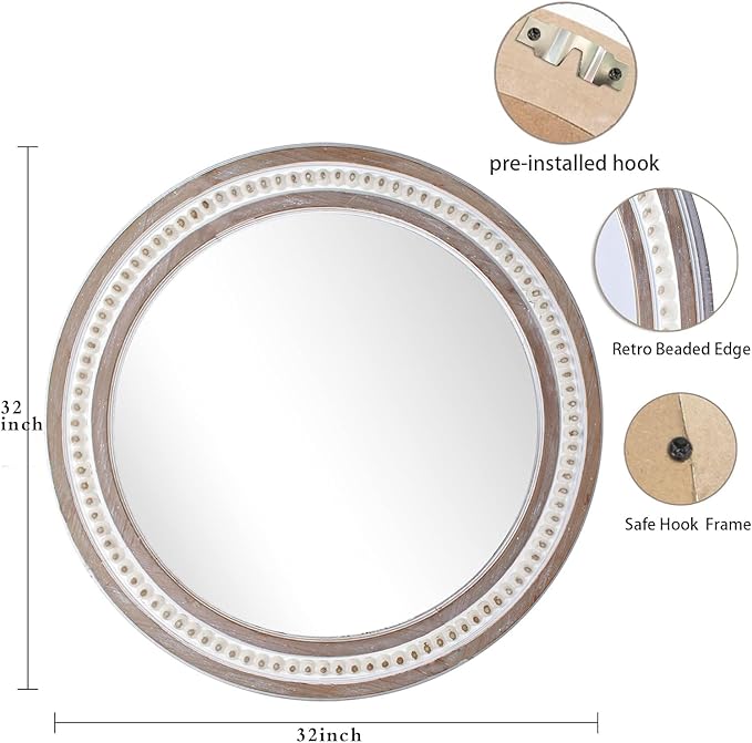 32'' Boho Wooden Large Round Wall Mirrors, Rustic Farmhouse Circle Mirrors Decorative Mirrors for Bathroom, Bedroom Over Sink, Living Room, Entryway