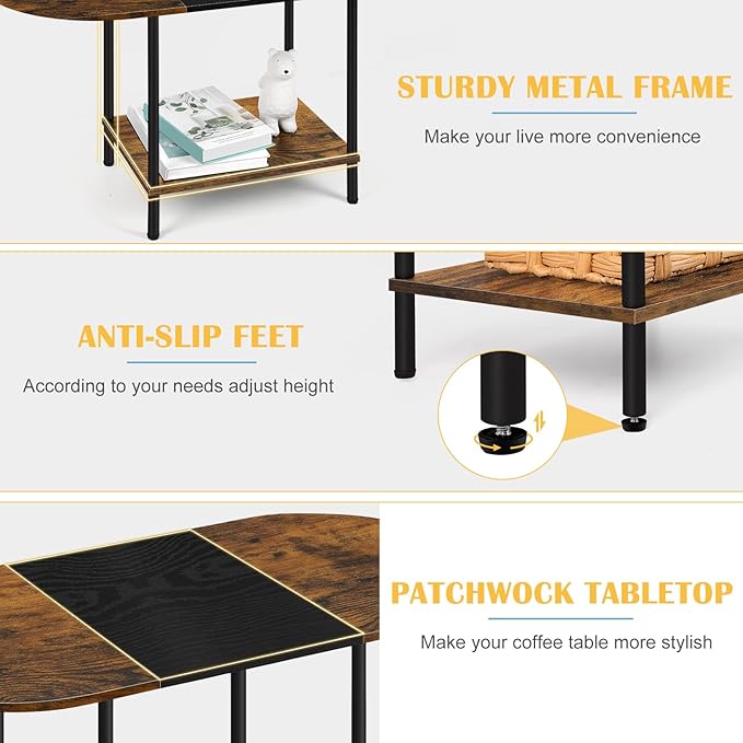 OYEAL Small Round Coffee Table for Living Room Farmhouse Oval Center Table Circular Coffee Table with 2-Layer Storage and Opening Shelf for Display,Small Space,Home Office,Black & Brown