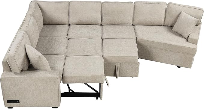 126" Extra Large Pull-Out Sofa Bed with Drop-Down Cup Holder Tables,L-Shaped Sectional Cozy Couch W/Charging Device,Convenient Sleeper Furniture Set for LivingRoom Apartment,Black Chenille