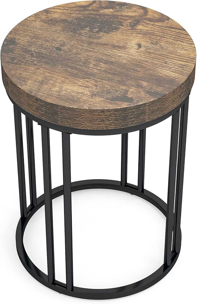Tribesigns Round End Table, Modern Side Small Accent Nightstand with Metal Frame, Wooden Circle Bedside for Living Room Sofa Couch, Bedroom, Easy Assembly, Space Saving, Rustic Brown & Black