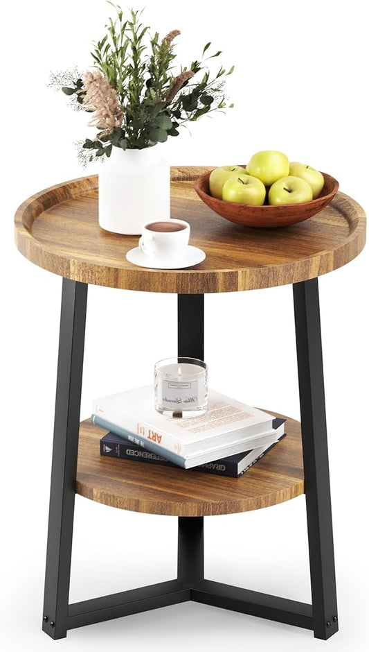 PPAMAPIC Round End Table, 2 Tier Side Table with Storage Shelf, Nightstand Accent Table for Living Room Bedroom Small Space, Black Metal Frame, 19.7" D x 23.6" H, Rustic Brown
