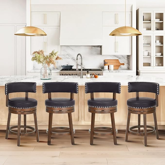 COLAMY Swivel Bar Stools Set of 4, 25 Inch Wood Swivel Barstools with Back, Counter Height Bar Stools, Modern Upholstered Barstools for Kitchen Island Dining Room Bar, Dark Brown