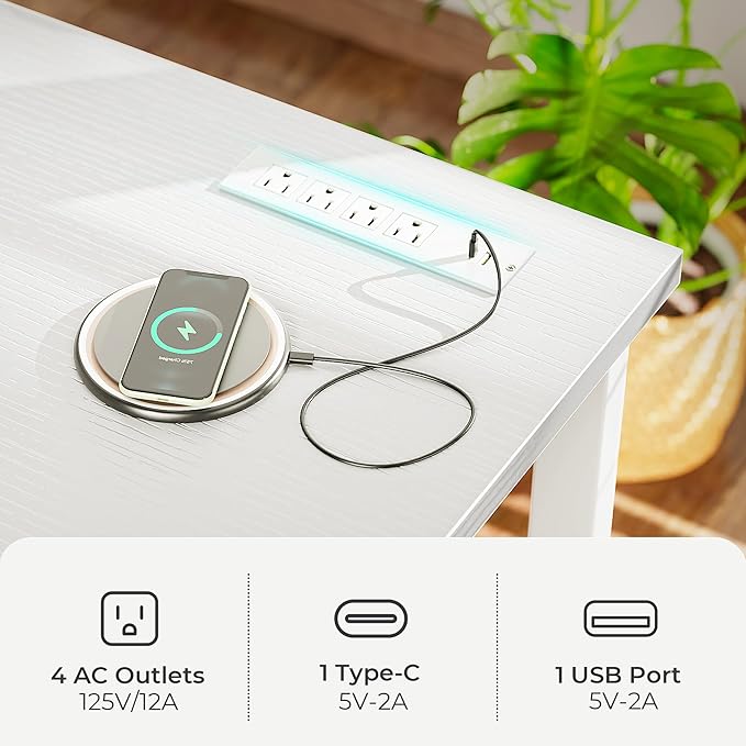 Huuger 55 x 24 inch Desk with Power Outlets & USB-C, Deeper & Thicker Desktop, Robust Metal Tubes, Computer Desk, Heavy Duty Office Desk, Work Gaming Desk for Home Office, White
