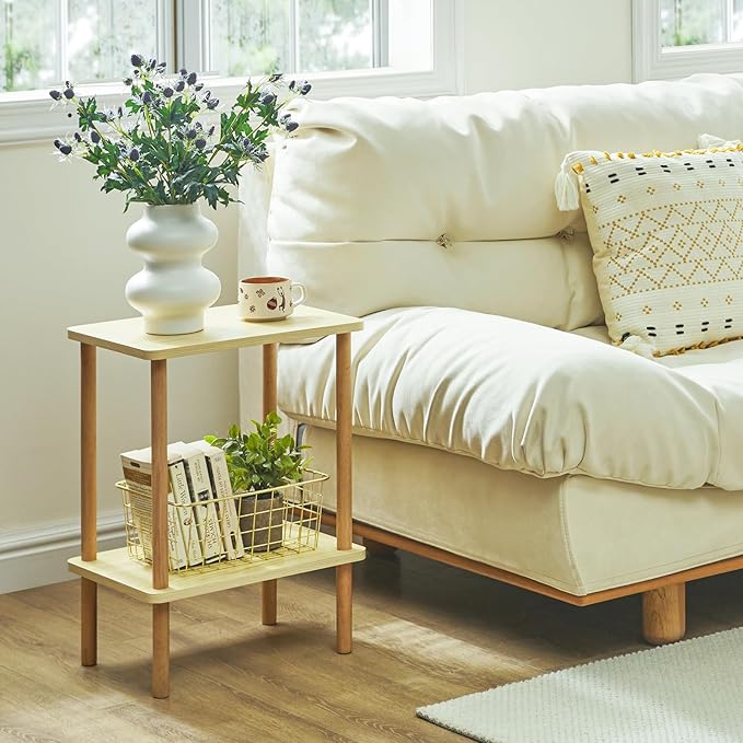 IBUYKE 2-Tier Side Table, Solid Wood Tall End Table with Storage Shelves, Nightstand Bedside Table for Living Room Bedroom Office, No-Tool Assembly, Light Natural UWST002S