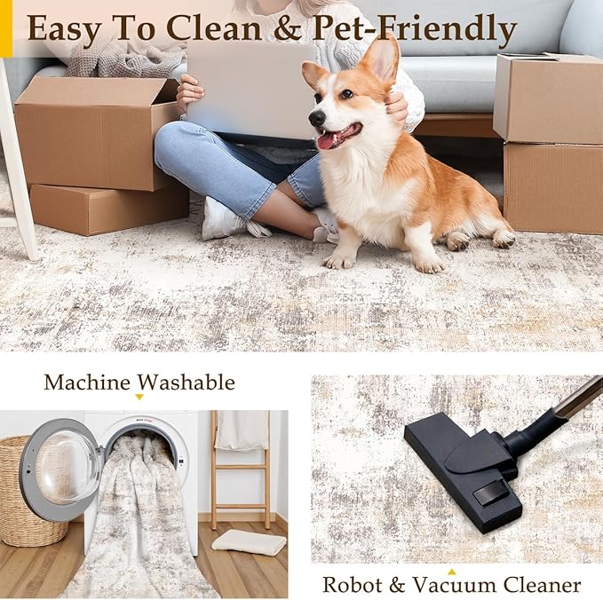 3x12 Washable Runner Rug Beige Grey Neutral Abstract Hallway Kitchen Living Room Bedroom Non Slip Throw Rug Soft Low Pile Indoor Carpet for Entrance Laundry Bathroom