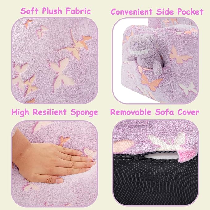 Kids Toddler Chair, 2-in-1 Toddler Couch Fold Out, Convertible Chairs for Toddlers Comfy Sofa to Lounger with Glow in The Dark Feature, Soft for Girls and Boys, Glowing Butterfly