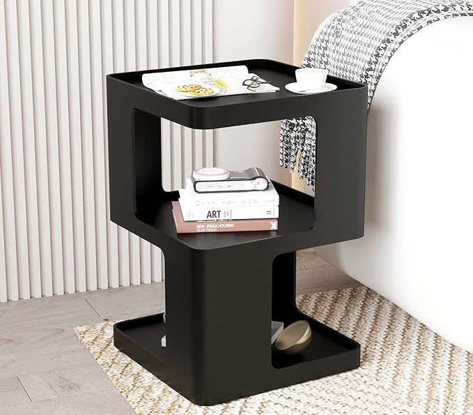 Metal Black Nightstands, Modern Side Table with 3 Tiers Storage, Small End Table for Couch, Bedside Tables No Assembly Required