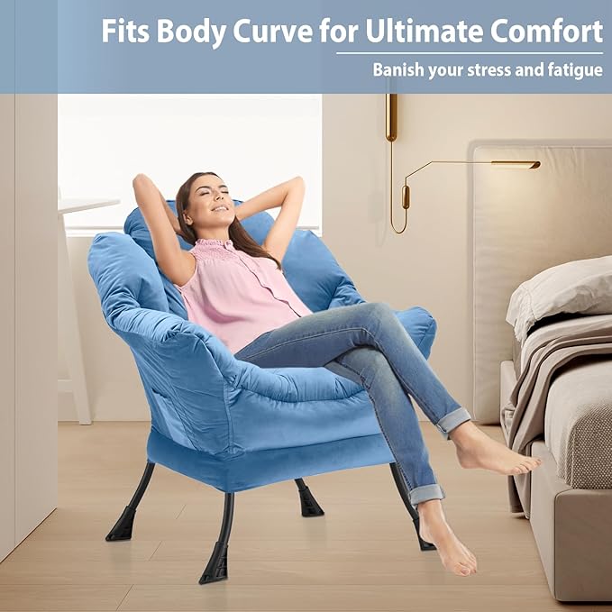 Lazy Chair Thick Padded, Comfy Velvet Accent Lounge Chair with Stable Frame, Leisure Sofa Armchair with Armrests and Side Pocket, Reading Chair for Bedroom, Living Room, Office, Light Blue