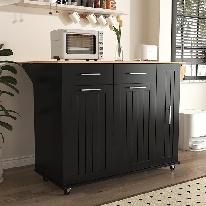 46" Kitchen Island with Drop Leaf,Dining Storage Cart W/ 3 Tier Pull Out Cabinet Organizer & Internal Storage Rack,Rolling Cart on Wheels W/Towel Rack & 2 Drawers,for Kitchen,Black