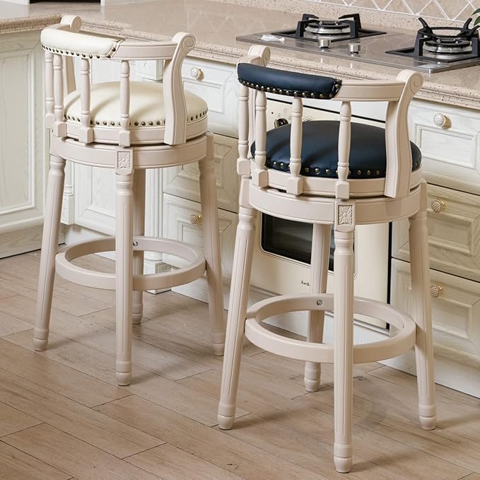 Cow top Leather Wooden Bar Stools, 360 Degree Swivel Bar Height Chair with Backs for Home Kitchen Counter, Morden Chair Barstools (Ivory Wood 2pcs-Cream Seat, Bar Height-Seat Height 29.5”)