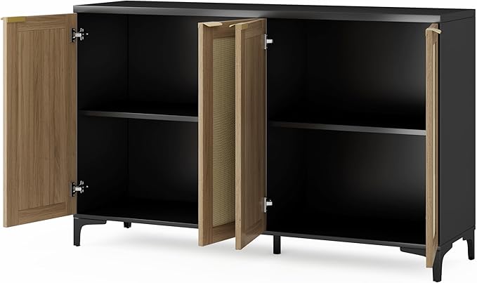 Sideboard - Buffet Cabinet with Storage, Rattan Cabinet with 4 Doors and Adjustable Shelves, Accent Cupboard with Metal Feet, Black Sideboard Console Table for Living Room, Entry, Dining Room