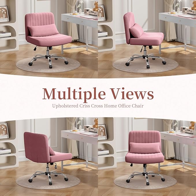 Warmiehomy Criss Cross Office Chair with Wheels, Velvet Cross-Legged Desk Chairs for Home, Height Adjustable Swivel Wide Seat Computer Chair, Modern Armless Vanity Chair for Girls Women, Rose Pink