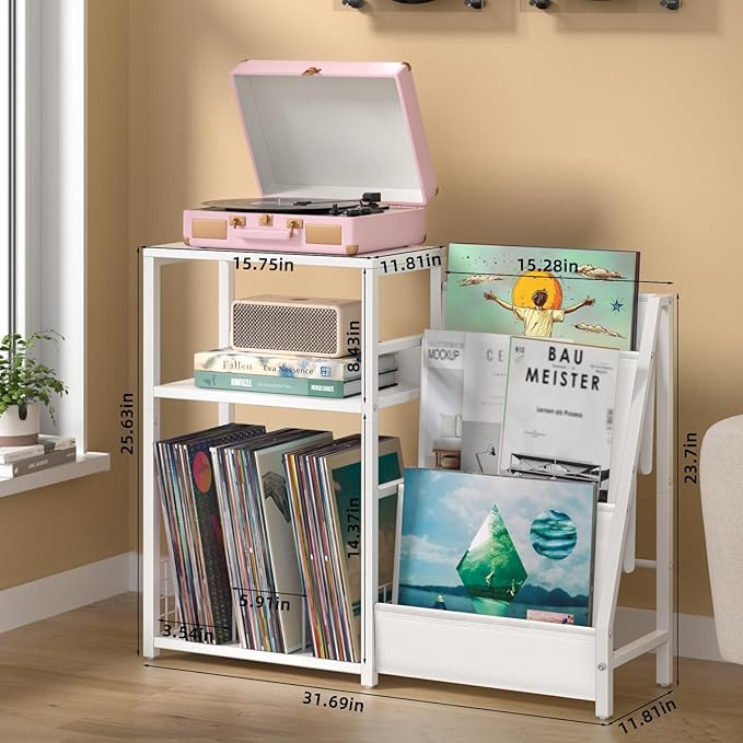 LELELINKY Record Player Table,Turntable Shelf with Vinyl Storage Up to 150 Albums,White Side Table with 3 Tier Magazine Periodical Book Rack,Wide Metal Record Holder Cabinet for Room Office