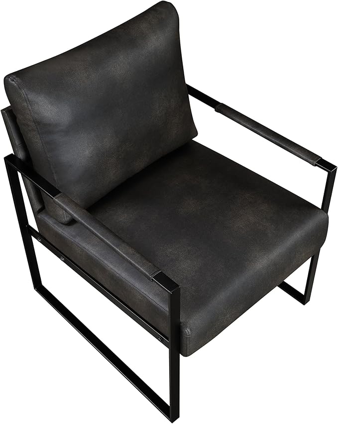 Lexicon Modern Accent Chair, Faux Leather Upholstered Living Room Chair With Wrapped Armrests, Arm Chair With Black Metal Frame,Comfy Single Chair For Living Room/Bedroom/Reading Room/Office,Dark Grey