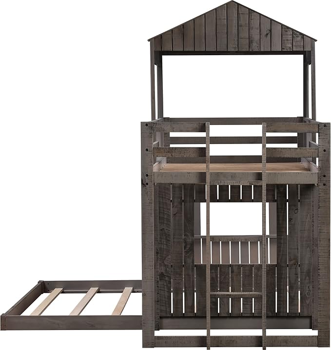 Ball & Cast Twin Over Full Playhouse Bunk Bed with Ladder and Window,Farmhouse Wood Bunkbed w/Full-Length Guard Rail & Slat Support,Space Saving,Bedroom Furniture for Student Dorms,Antique Gray