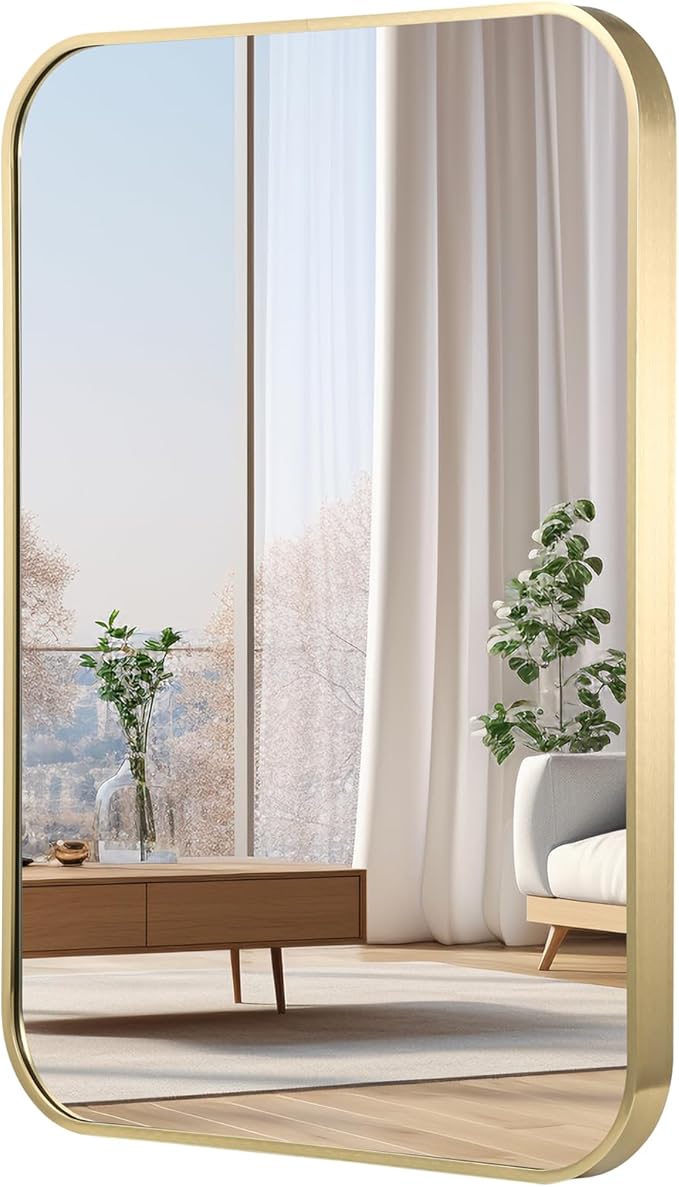 16x20 Inch Gold Bathroom Mirror, Brushed Brass Gold Metal Framed Rectangular Mirror with Rounded Corner, Bathroom Vanity Mirror for Bedroom or Living Room, Horizontal/Vertical