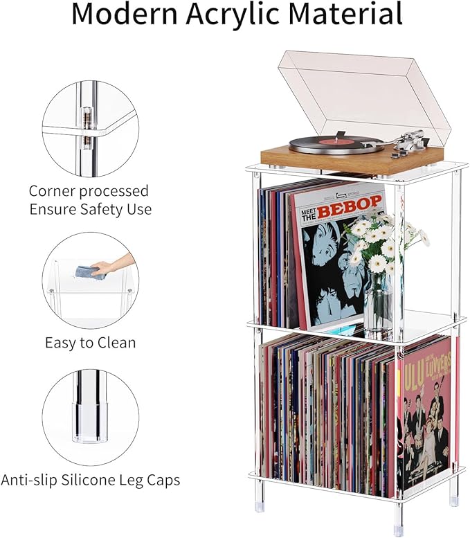 Acrylic Record Player Stand Set of 2, 3-Tier Clear Turntable Table with Vinyl Record Storage, 15.75" L x 11.81" W x 30.7" H, Tall Modern Side Table/End Table for Living Room, Bedroom