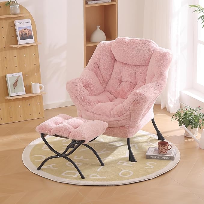 Lazy Chair with Ottoman, Modern Chair with Folding Footrest, Lounge Accent Chair, Comfortable Reading Chair, Oversized Armchairs for Bedroom, Study, Living Room(Plush Pink)