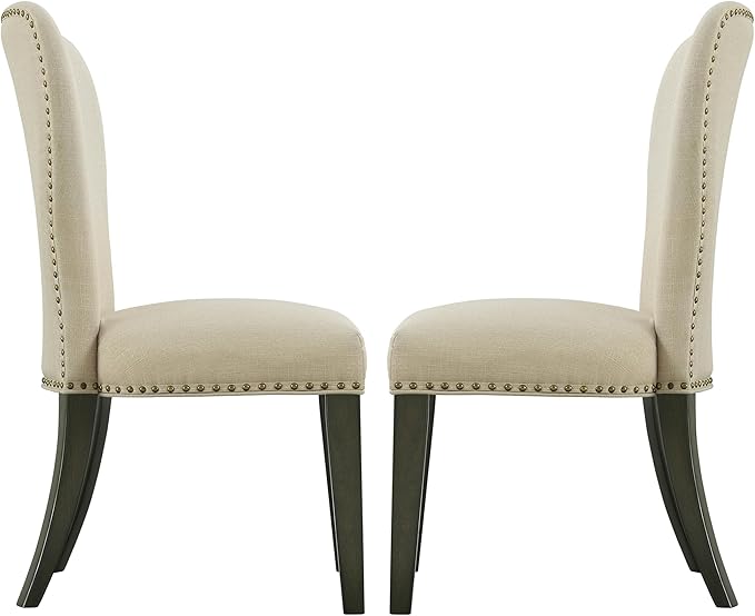 Alaterre Furniture Savoy Upholstered Dining Chairs – Set of 2 Parsons Style Accent Chairs with Cream Linen Fabric, Nailhead Trim, and Dark Stained Legs – for Dining Room, Desk, or Sitting Area