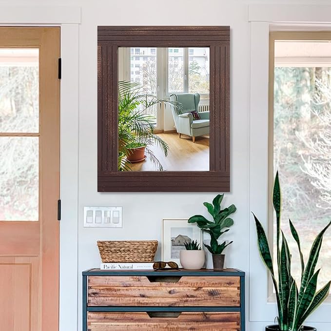Wood Wall Mirror Rectangular Framed Rustic Vintage Mirrors Decor Farmhouse Bedroom Bathroom Mirror for Dressing Table Entrance Large 26"x18" Brown