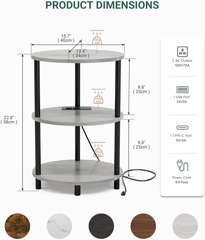 Small Round Side Table - 3-Tier Oval Accent Table for Small Spaces, Rustic Wood and Metal Nightstand for Living Room or Bedroom, Built-in USB Ports and Power Outlet, Greige