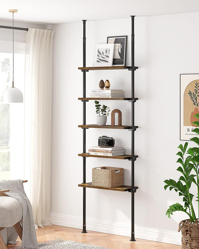 ALLZONE 5 Tiers Narrow Bookshelf, Tall Adjustable Ladder Book Shelf with Open Storage, Floor to Ceiling Tension Mount, Wooden Industrial Bookcase for Living Room, 92 to 116 Inch, Brown