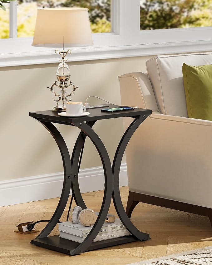 End Table with Charging Station, 2-Tier Modern Side Table, Nightstand with Storage Shelf, for Small Spaces, for Bedroom, Living Room, Home Office, Black TBZ20UBB