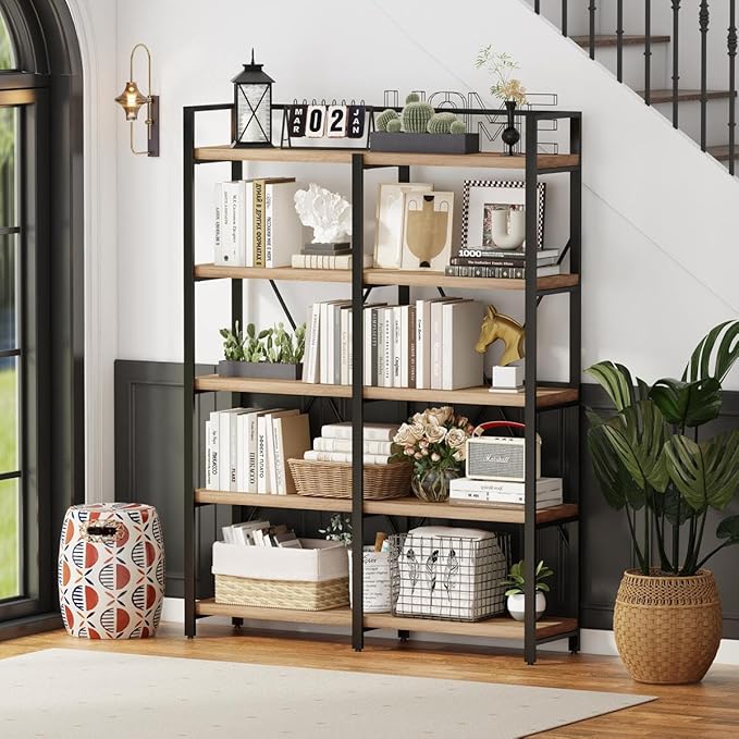 FATORRI Bookshelf, 5 Tier Industrial, Tall Etagere Bookcase, Rustic Wood and Metal Book Shelf with Large Open Shelving Unit for Home Office Living Room (Rustic Oak, 51 Inch Wide)