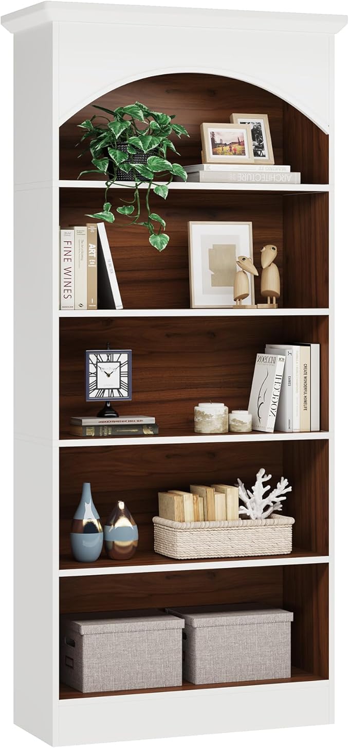 LITTLE TREE 70.9" White Bookcase, 5-Tier Tall Bookshelf with Open Shelves, Wooden Vintage Free-Standing Book Shelf for Living Room, Home Office, Bed Room