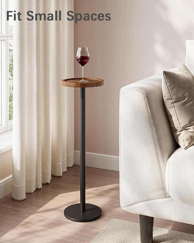 Drink Table, Small Pedestal Side Table, Round Cocktail Table, Circle End Table with Metal Base, for Small Spaces, Walnut Brown & Black